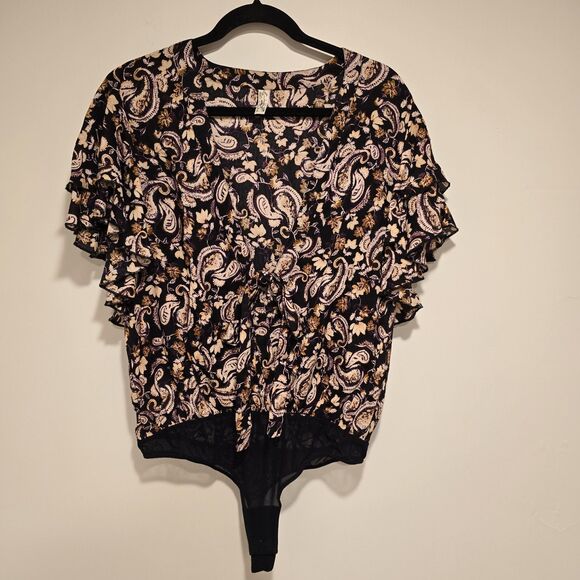 Intimately Free People Call Me Later Bodysuit Paisley Black XL Ruffle Chic Boho - Picture 2 of 15